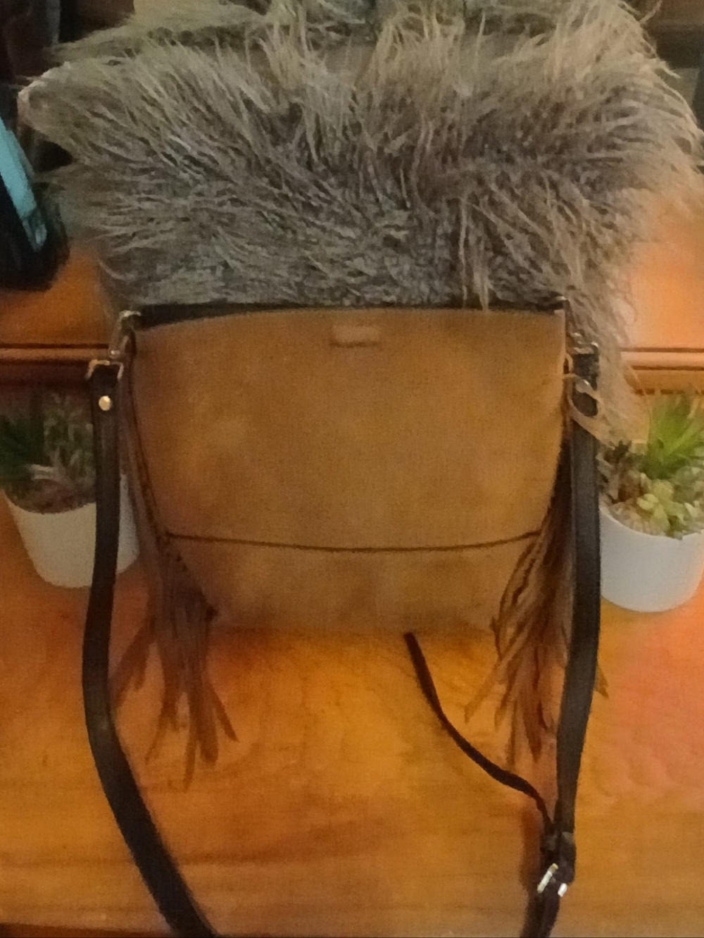 Calvin Klein Tan Fringe Suede Crossbody Bag with Adjustable Strap